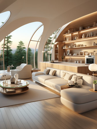 Futuristic apartment, interior design, French-inspired light style, with beige white as the main color tone. AI Generative.の写真素材