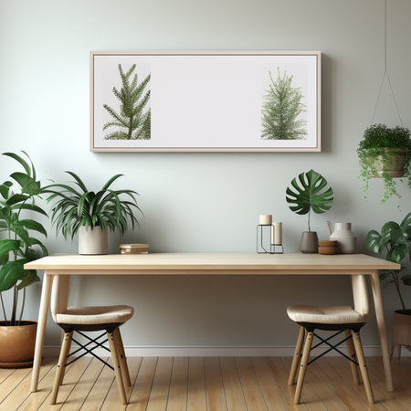 White clean mockup of a blank horizontal frame in a futuristic luxury office, beige white trendy background. AI Generative.の写真素材