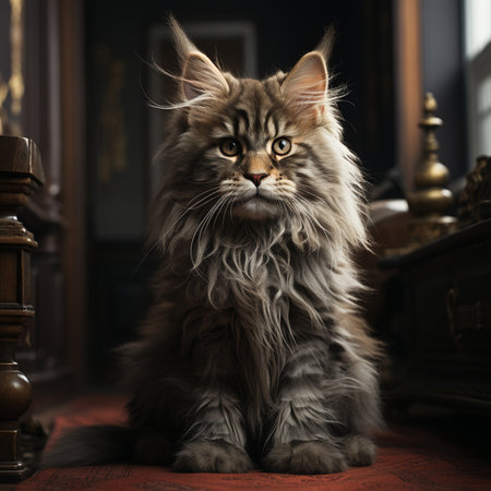 Cute Maine Coon cat kitten sitting, looking straight towards lens. AI Generative.の写真素材