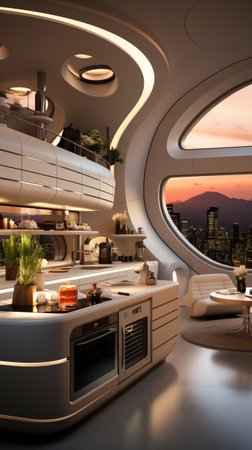 Futuristic kitchen, interior design, French-inspired light style, with beige white as the main color tone. AI Generative.の写真素材