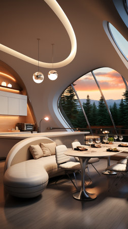 Futuristic kitchen, interior design, French-inspired light style, with beige white as the main color...