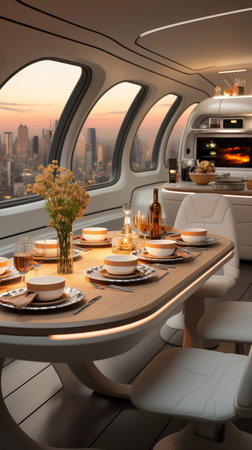 Futuristic kitchen, interior design, French-inspired light style, with beige white as the main color...