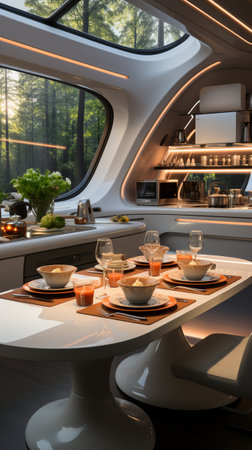 Futuristic kitchen, interior design, French-inspired light style, with beige white as the main color tone. AI Generative.の写真素材