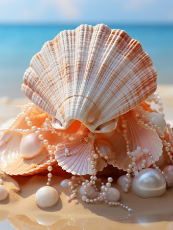 Sea shells on golden sand. Sea water background, tropical island ocean beach. AI Generative.の写真素材