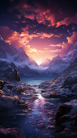 Aurora borealis northern lights over snowy mountains with stars in the night forest. AI Generative.の写真素材
