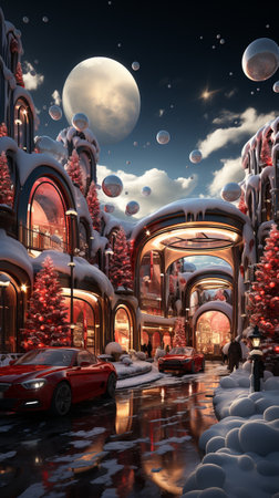 Futuristic beautiful hollidays, red christmass decoration, day time, white snow in the mountain with decorative Christmas trees and gifts inside, futuristic sky background. AI Generative.の写真素材