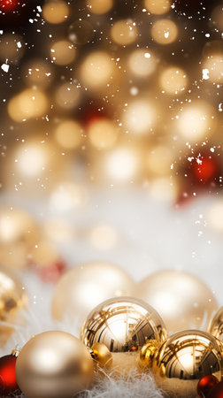 Blurred winter landscape with snowflakes and fir trees branches covered with frost wonderland, bokeh light, decorative balls. Winter mood. Snow covered branches in winter. AI Generative.の写真素材