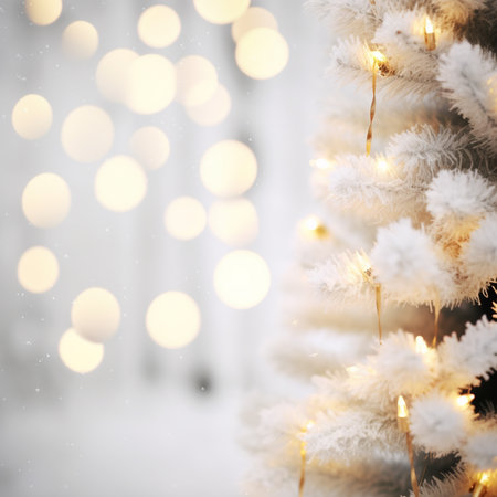 Blurred winter landscape with snowflakes and fir trees branches covered with frost wonderland, bokeh light. Winter mood. Snow covered branches in winter. AI Generative.の写真素材