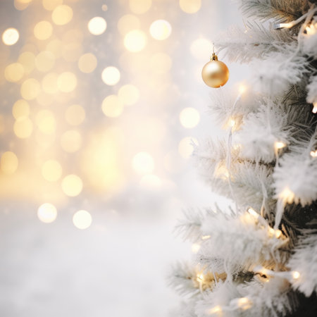 Blurred winter landscape with snowflakes and fir trees branches covered with frost wonderland, bokeh light. Winter mood. Snow covered branches in winter. AI Generative.の写真素材