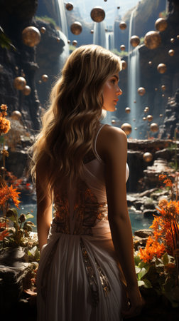 Woman looking at beautiful futuristic sky with planets. Beautiful woman in a long white dress in the forest. Night sky colorful landscape, fantastic surrealistic planets. Generative AI.の写真素材