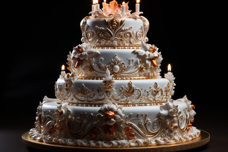 Luxury wedding cake on the table in the restaurant. AI Generative.
