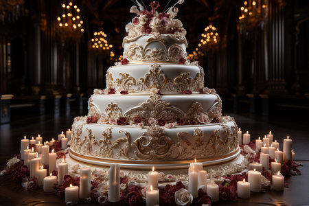 Luxury wedding cake on the table in the restaurant. AI Generative.の写真素材