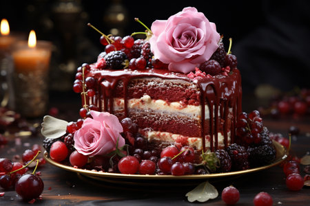 Plate with piece of delicious red velvet cake. AI Generative.の写真素材