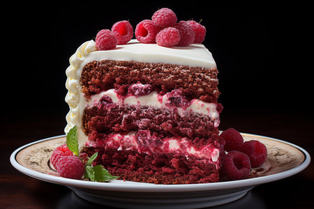Plate with piece of delicious red velvet cake. AI Generative.