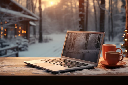 A laptop and a cup of coffee on the table with snow falling in the background. Winter, Panoramic view. Generative AI.の写真素材