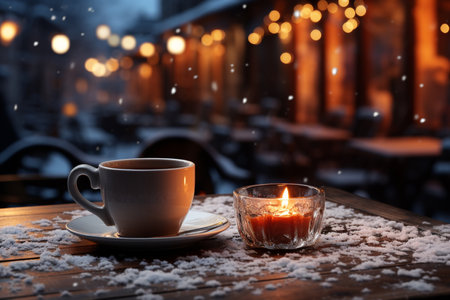 White cup of hot coffee on a bed of snow and white background, close up. Concept of christmas winter evening. Generative AI.の写真素材