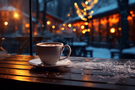 White cup of hot coffee on a bed of snow and white background, close up. Concept of christmas winter evening. Generative AI.の写真素材