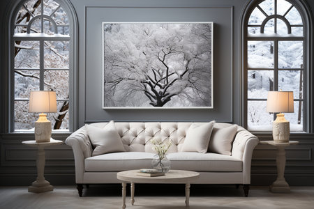 Stylish christmas living room interior with couch, christmas tree and wreath, gifts and decoration....