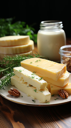 Assortment of luxury cheese and milk, blue cheese wheels on a shelf, many of it in interior,...