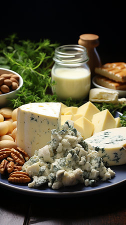 Assortment of luxury cheese and milk, blue cheese wheels on a shelf, many of it in interior,...