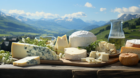 Assortment of luxury cheese and milk, blue cheese wheels on a shelf, many of it in exterior, Swiss Alps, panoramic composition. AI Generative.の写真素材