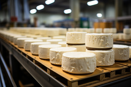 Emmental cheeseheads and soft cheese storage near European dairy production for maturation. AI Generative.の写真素材