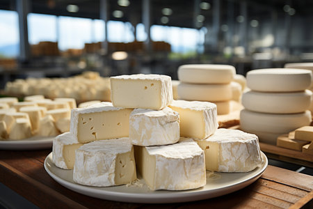 Emmental cheeseheads and soft cheese storage near European dairy production for maturation. AI...