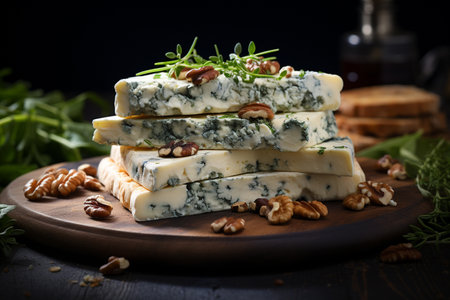 Blue cheese, dor blue or roquefort mold cheese slice on cutting board with basil leaves, lifestyle...