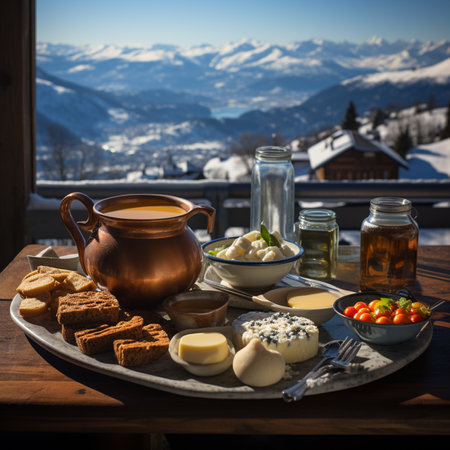 Gourmet Swiss fondue dinner on a winter time with assorted cheeses on a board, a heated pot of cheese fondue in the terrace of the tavern or restaurant. AI Generative.の写真素材