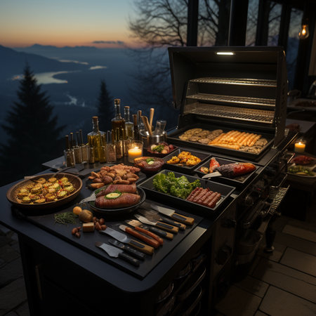 Dining in the Alps mountains in winter, barbecue station, luxury table, gourmet dinner. AI Generative.の写真素材