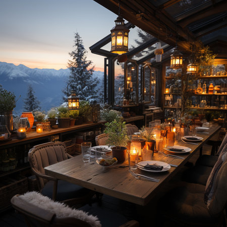 Dining in the Alps mountains in winter, barbecue station, luxury table, gourmet dinner. AI Generative.の写真素材