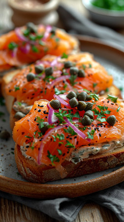 Tasty bruschetta with salmon and cream cheese on a dark background. Banner, menu, recipe place for text, top view. AI Generative.の写真素材