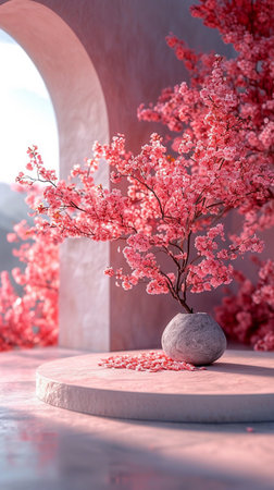 Spring cherry blossoms geometric podium background, display for product, cosmetic and perfume presentation. Generative AI.の写真素材