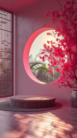 Spring cherry blossoms geometric podium background, display for product, cosmetic and perfume presentation. Generative AI.の写真素材