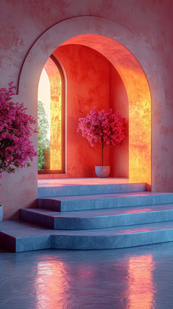 Spring cherry blossoms geometric podium background, display for product, cosmetic and perfume presentation. Generative AI.の写真素材