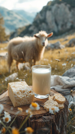 A glass of goat milk on a wooden table and a white goat in the mountains in summer. Generative AI.の写真素材