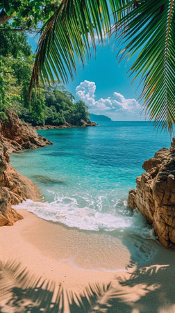 Panorama of tropical beach with coconut palm trees. AI generatve.の写真素材