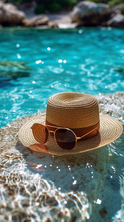 Summer hat with glasses on edge of swimming pool, closeup. AI Generative.の写真素材