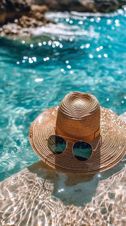 Summer hat with glasses on edge of swimming pool, closeup. AI Generative.の写真素材