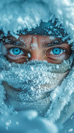 Portrait of a man in winter clothes and a mask. A traveler in the Arctic. Ice and snow on eyelashes, face and mask. Extreme travel and expeditions to the far North to the Arctic. AI Generative.の写真素材