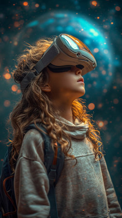 Beautiful young girl using VR helmet while touching air in colorful neon lights. Girl in glasses of virtual reality with flowing hair over dark magic space background. AI Generative.の写真素材