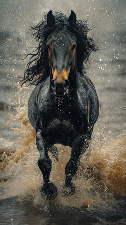 A horse is running on the water. Mystical portrait of an elegant stallion. Generative AI.の写真素材