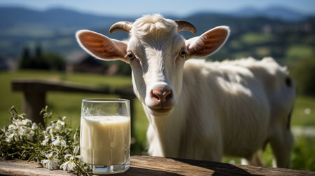 A glass of goat milk on a wooden table and a white goat in the mountains in summer. Generative AI.の写真素材