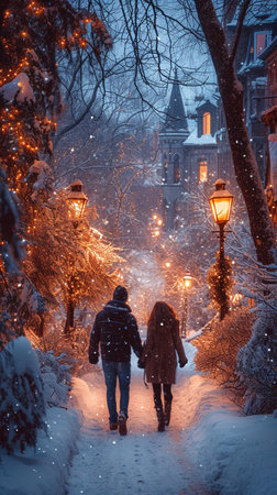 Vintage Christmas Postcard Village Scene Snow Winter. AI Generative.の写真素材