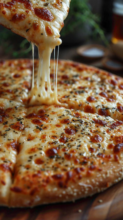 Pizza slices golden baked oven, delicious melted cheese. AI Generative.の写真素材