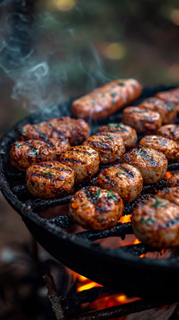 Outdoor barbecue, grilled roasted beef sausages, vacation. AI Generative.