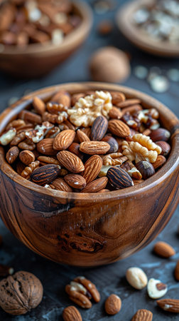 Healthy mix nuts on wooden background. Almonds, hazelnuts, cashews, peanuts, pistachios, Brazilian...