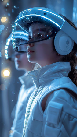 Future digital technology metaverse game and entertainment, people having fun play VR virtual...