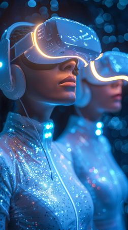 Future digital technology metaverse game and entertainment, people having fun play VR virtual...