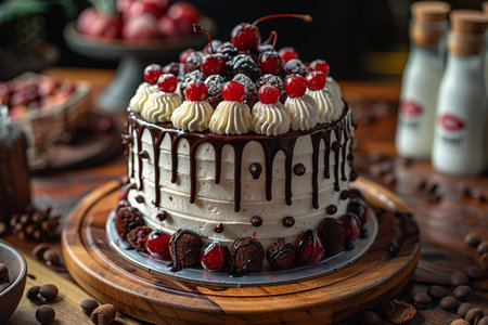 Black forest Chocolate cake decorated with white whipped cream, cookies and chocolates on a table....